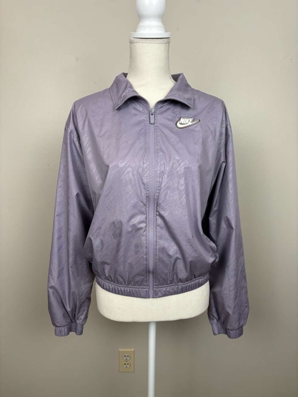 Nike Sportswear Jacket XS Purple Windbreaker Full Zip Bomber All Over Logo Print